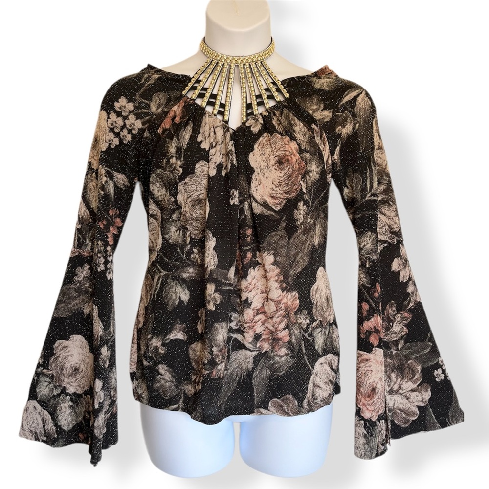 Venus Floral Metallic Caged Halter Top Bell Sleeves Black Gold Size Medium - Picture 2 of 15